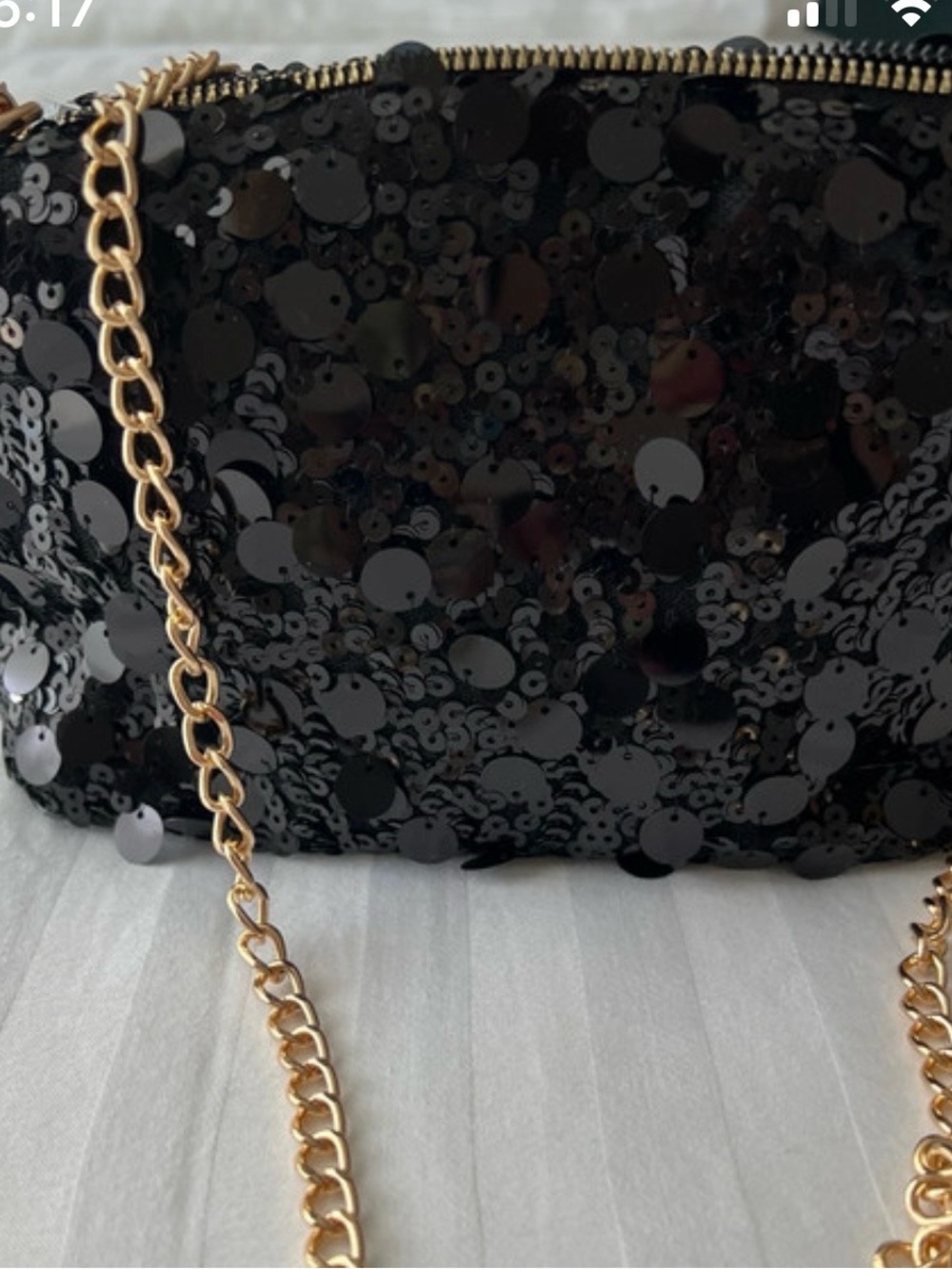 Black Sequin Crossbody Bag with Gold Chain Strap
